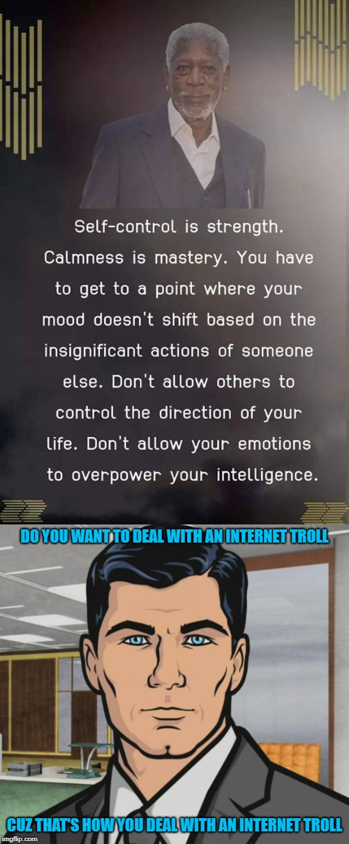 This kind of philosophy has always worked for me. |  DO YOU WANT TO DEAL WITH AN INTERNET TROLL; CUZ THAT'S HOW YOU DEAL WITH AN INTERNET TROLL | image tagged in memes,archer,morgan freeman,internet trolls,calmness,intelligence | made w/ Imgflip meme maker