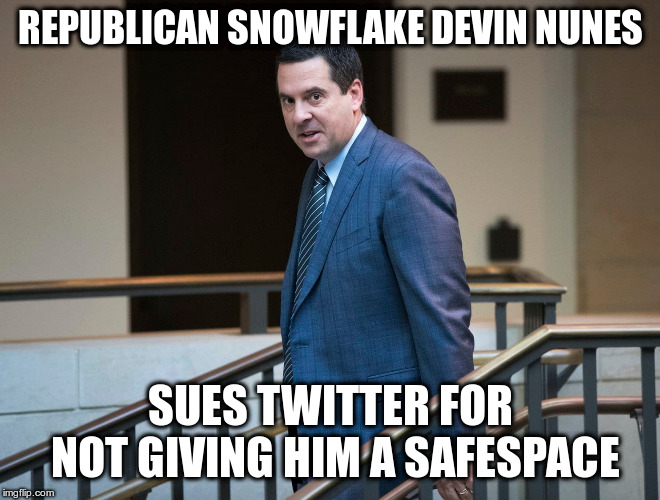 They're making fun of me, no fair! | REPUBLICAN SNOWFLAKE DEVIN NUNES; SUES TWITTER FOR NOT GIVING HIM A SAFESPACE | image tagged in humor,devin nunes,safe space,conservative snowflake,republicans,twitter | made w/ Imgflip meme maker
