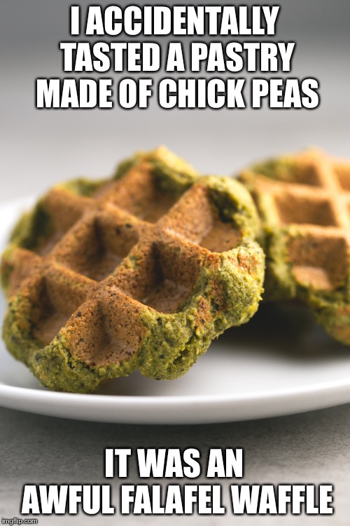 Yikes... | I ACCIDENTALLY TASTED A PASTRY MADE OF CHICK PEAS; IT WAS AN AWFUL FALAFEL WAFFLE | image tagged in waffle,vegan | made w/ Imgflip meme maker