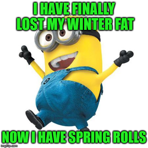 Happy Spring | I HAVE FINALLY LOST MY WINTER FAT; NOW I HAVE SPRING ROLLS | image tagged in happy minion,memes,spring,rollsafe,first world problems,fat | made w/ Imgflip meme maker