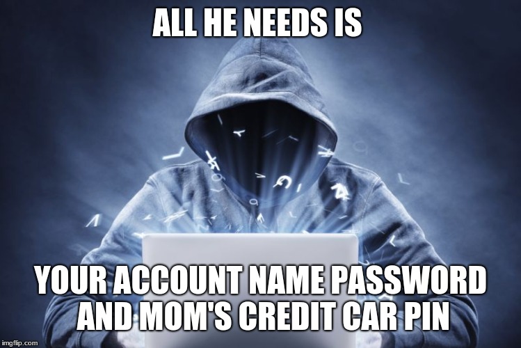 Hacker | ALL HE NEEDS IS YOUR ACCOUNT NAME PASSWORD AND MOM'S CREDIT CAR PIN | image tagged in hacker | made w/ Imgflip meme maker