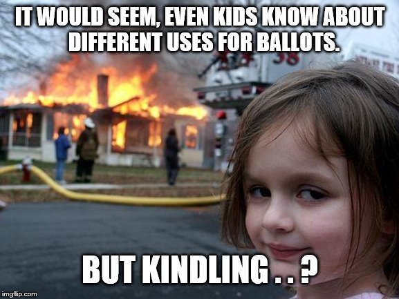 Disaster Girl Meme | IT WOULD SEEM, EVEN KIDS KNOW ABOUT       DIFFERENT USES FOR BALLOTS. BUT KINDLING . . ? | image tagged in memes,disaster girl | made w/ Imgflip meme maker