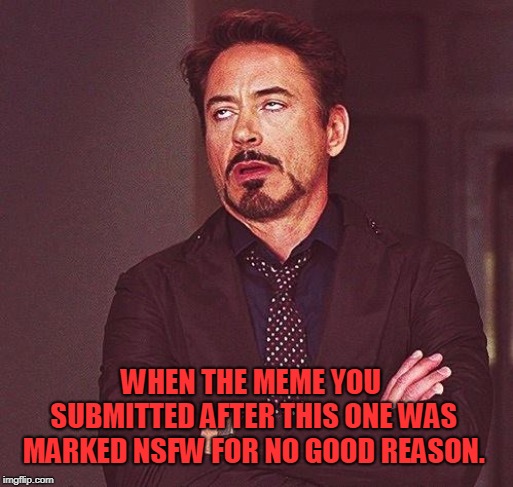 Robert Downey Jr Annoyed | WHEN THE MEME YOU SUBMITTED AFTER THIS ONE WAS MARKED NSFW FOR NO GOOD REASON. | image tagged in robert downey jr annoyed | made w/ Imgflip meme maker