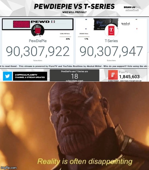 I know what it's like to lose | image tagged in t series,pewdiepie,thanos,memes | made w/ Imgflip meme maker