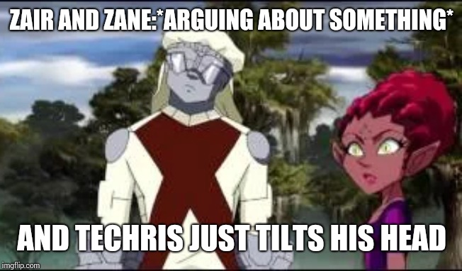 ZAIR AND ZANE:*ARGUING ABOUT SOMETHING*; AND TECHRIS JUST TILTS HIS HEAD | image tagged in doesn't know what's going on | made w/ Imgflip meme maker