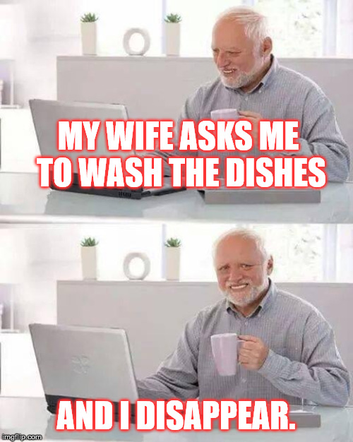 Hide the Pain Harold Meme | MY WIFE ASKS ME TO WASH THE DISHES AND I DISAPPEAR. | image tagged in memes,hide the pain harold | made w/ Imgflip meme maker