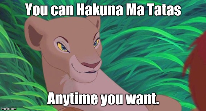 Hakuna Ma-WHATTA? | You can Hakuna Ma Tatas; Anytime you want. | image tagged in lion king nala,lion king,memes,hakuna matata | made w/ Imgflip meme maker