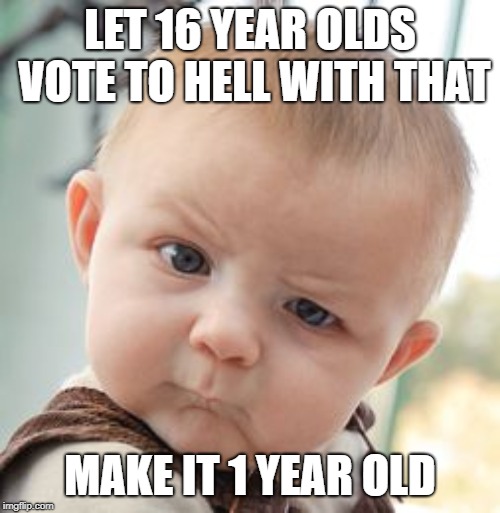 Skeptical Baby | LET 16 YEAR OLDS VOTE TO HELL WITH THAT; MAKE IT 1 YEAR OLD | image tagged in memes,skeptical baby | made w/ Imgflip meme maker