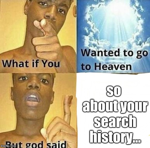 What if you wanted to go to Heaven | so about your search history... | image tagged in what if you wanted to go to heaven | made w/ Imgflip meme maker
