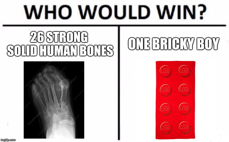 Who Would Win? Meme | 26 STRONG SOLID HUMAN BONES; ONE BRICKY BOY | image tagged in memes,who would win | made w/ Imgflip meme maker