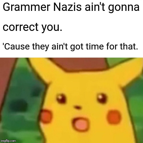 Surprised Pikachu Meme | Grammer Nazis ain't gonna correct you. 'Cause they ain't got time for that. | image tagged in memes,surprised pikachu | made w/ Imgflip meme maker