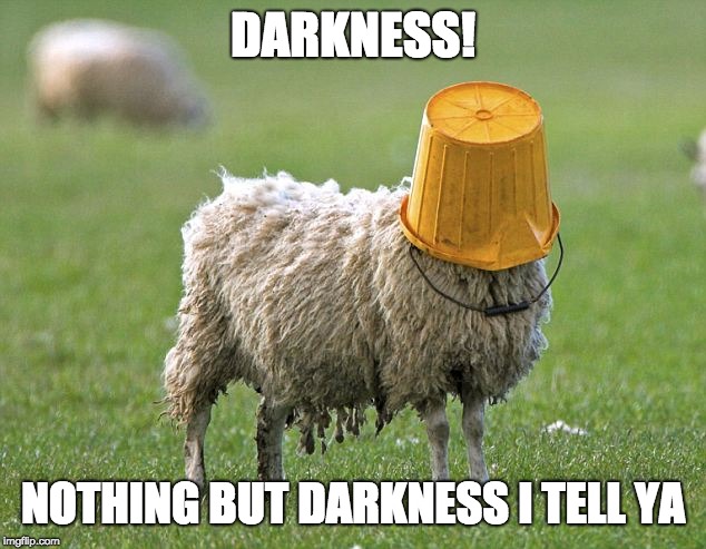 stupid sheep | DARKNESS! NOTHING BUT DARKNESS I TELL YA | image tagged in stupid sheep | made w/ Imgflip meme maker