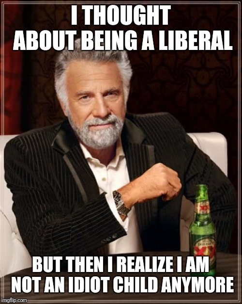 The Most Interesting Man In The World | I THOUGHT ABOUT BEING A LIBERAL; BUT THEN I REALIZE I AM NOT AN IDIOT CHILD ANYMORE | image tagged in memes,the most interesting man in the world | made w/ Imgflip meme maker