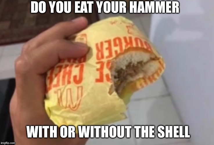 Ooooof | DO YOU EAT YOUR HAMMER; WITH OR WITHOUT THE SHELL | image tagged in uncomfortable,meme,funny,funny memes | made w/ Imgflip meme maker