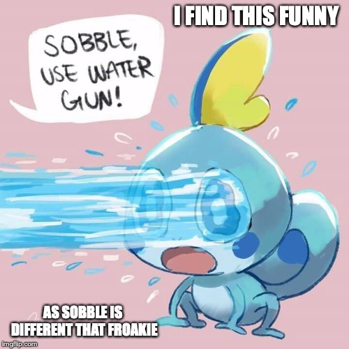 Sobble Water Gun | I FIND THIS FUNNY; AS SOBBLE IS DIFFERENT THAT FROAKIE | image tagged in water gun,sobble,memes,pokemon,funny | made w/ Imgflip meme maker
