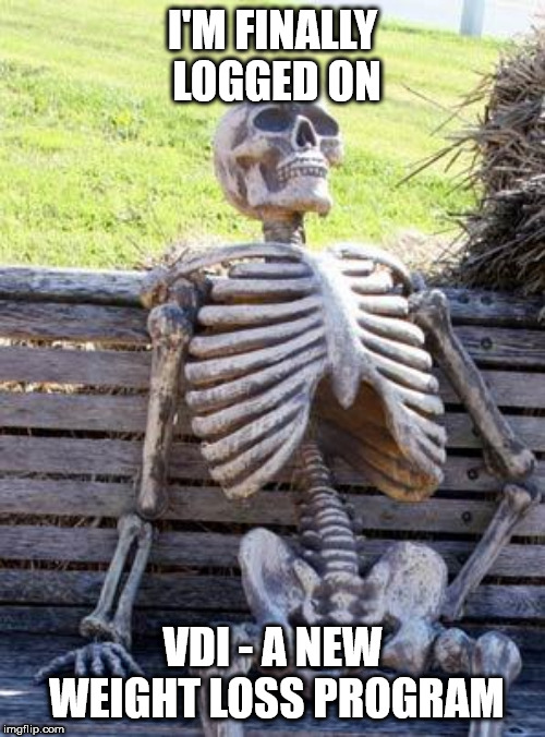 Waiting Skeleton Meme | I'M FINALLY LOGGED ON; VDI - A NEW WEIGHT LOSS PROGRAM | image tagged in memes,waiting skeleton | made w/ Imgflip meme maker
