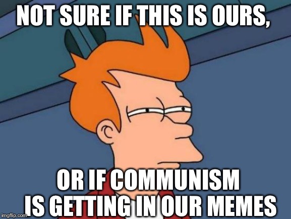 Futurama Fry | NOT SURE IF THIS IS OURS, OR IF COMMUNISM IS GETTING IN OUR MEMES | image tagged in memes,futurama fry | made w/ Imgflip meme maker