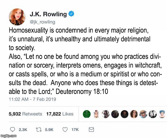JK Rowling Tweet | image tagged in jk rowling,tweet,homosexuality,occult,harry potter,deuteronomy 18 | made w/ Imgflip meme maker
