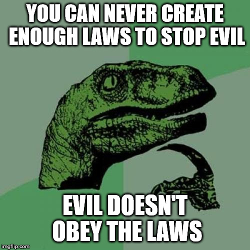 Which is why restricting rights in the name of safety will never make you safe. | YOU CAN NEVER CREATE ENOUGH LAWS TO STOP EVIL; EVIL DOESN'T OBEY THE LAWS | image tagged in memes,philosoraptor | made w/ Imgflip meme maker
