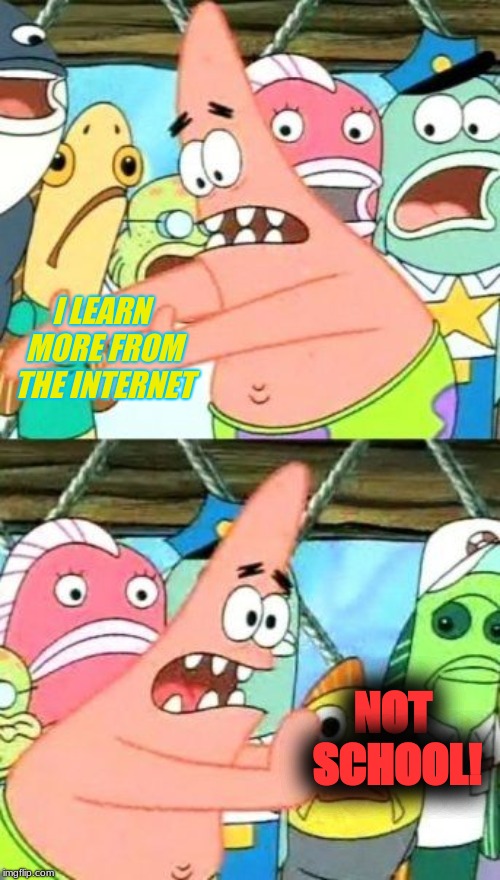 Put It Somewhere Else Patrick Meme | I LEARN MORE FROM THE INTERNET; NOT SCHOOL! | image tagged in memes,put it somewhere else patrick | made w/ Imgflip meme maker