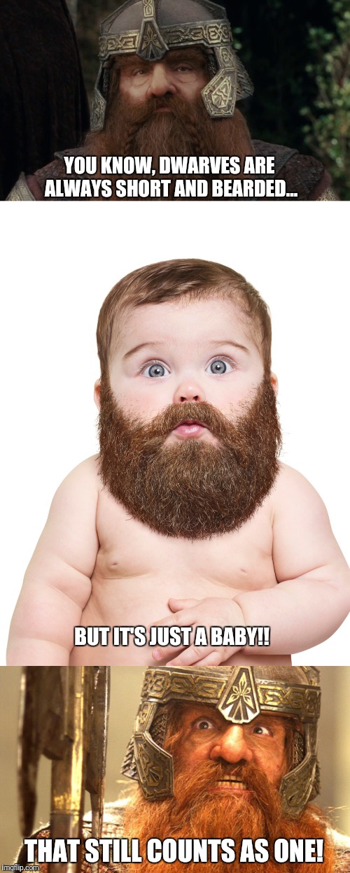 Baby dwarf | YOU KNOW, DWARVES ARE ALWAYS SHORT AND BEARDED... BUT IT'S JUST A BABY!! THAT STILL COUNTS AS ONE! | image tagged in funny,gimli | made w/ Imgflip meme maker