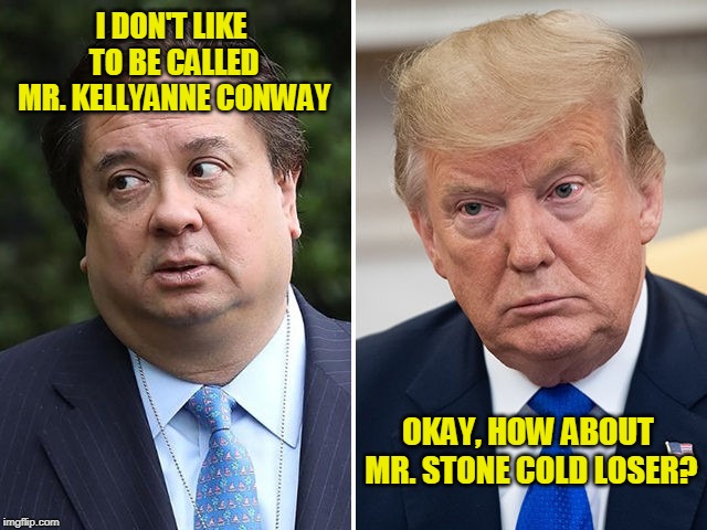 Twitter War | I DON'T LIKE TO BE CALLED MR. KELLYANNE CONWAY; OKAY, HOW ABOUT MR. STONE COLD LOSER? | image tagged in president trump,george conway,kellyanne conway | made w/ Imgflip meme maker