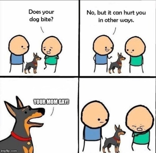 sorry i missed out on doggo week | YOUR MOM GAY! | image tagged in does your dog bite | made w/ Imgflip meme maker