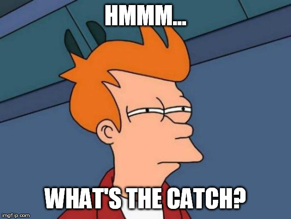 Futurama Fry Meme | HMMM... WHAT'S THE CATCH? | image tagged in memes,futurama fry | made w/ Imgflip meme maker