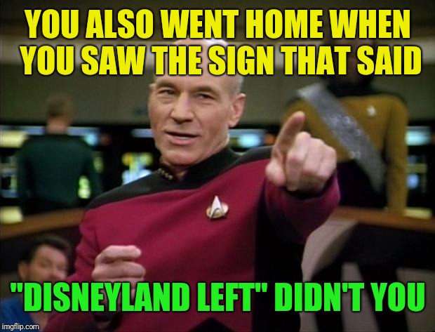 Picard | YOU ALSO WENT HOME WHEN YOU SAW THE SIGN THAT SAID "DISNEYLAND LEFT" DIDN'T YOU | image tagged in picard | made w/ Imgflip meme maker