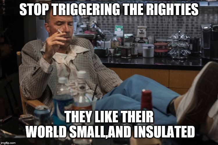 STOP TRIGGERING THE RIGHTIES THEY LIKE THEIR WORLD SMALL,AND INSULATED | made w/ Imgflip meme maker