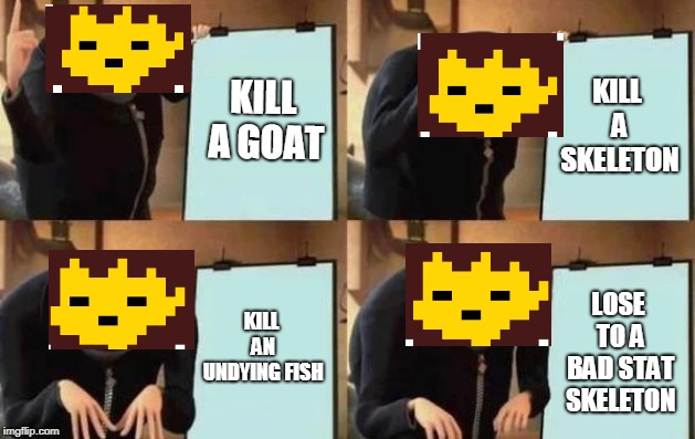 Gru's Plan Meme | KILL A GOAT; KILL A SKELETON; KILL AN UNDYING FISH; LOSE TO A BAD STAT SKELETON | image tagged in gru's plan | made w/ Imgflip meme maker