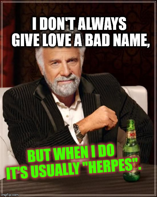 The Most Interesting Man In The World Meme | I DON'T ALWAYS GIVE LOVE A BAD NAME, BUT WHEN I DO IT'S USUALLY "HERPES". | image tagged in memes,the most interesting man in the world | made w/ Imgflip meme maker