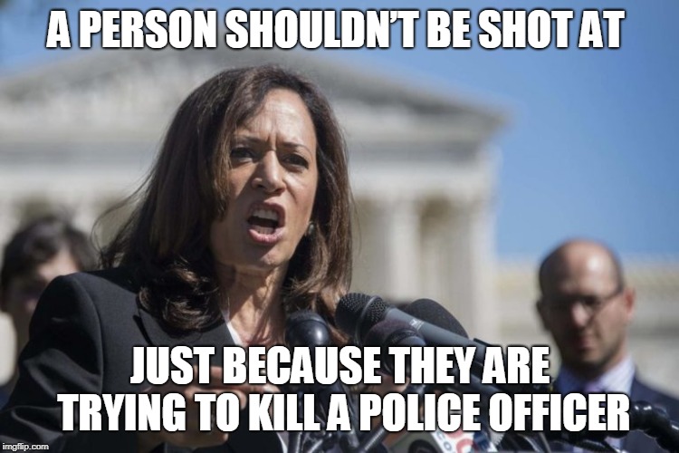 Kamala Harris | A PERSON SHOULDN’T BE SHOT AT; JUST BECAUSE THEY ARE TRYING TO KILL A POLICE OFFICER | image tagged in kamala harris,liberals,liberal logic,democrat | made w/ Imgflip meme maker