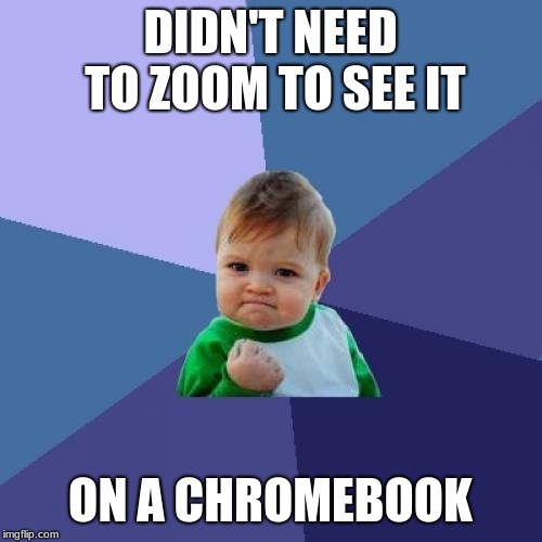 Success Kid Meme | DIDN'T NEED TO ZOOM TO SEE IT ON A CHROMEBOOK | image tagged in memes,success kid | made w/ Imgflip meme maker