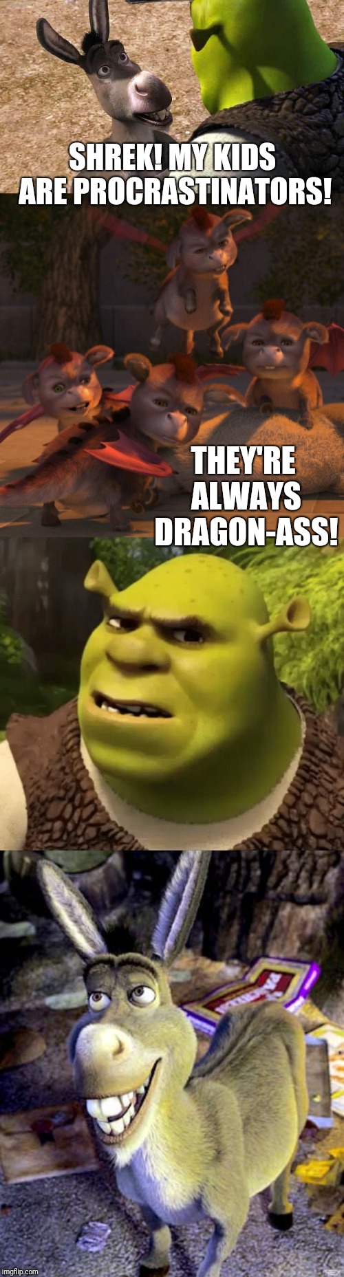 Well, they ARE! | SHREK! MY KIDS ARE PROCRASTINATORS! THEY'RE ALWAYS DRAGON-ASS! | image tagged in do i detect a hint of x,donkey yells at shrek,memes,procrastination,procrastinate,baby | made w/ Imgflip meme maker