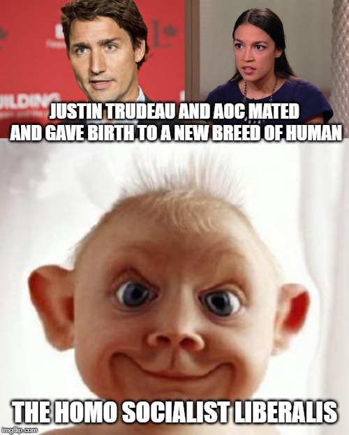 JUSTIN TRUDEAU AND AOC MATED AND GAVE BIRTH TO A NEW BREED OF HUMAN; THE HOMO SOCIALIST LIBERALIS | image tagged in trudeau,ugly baby,ocasio-cortez | made w/ Imgflip meme maker