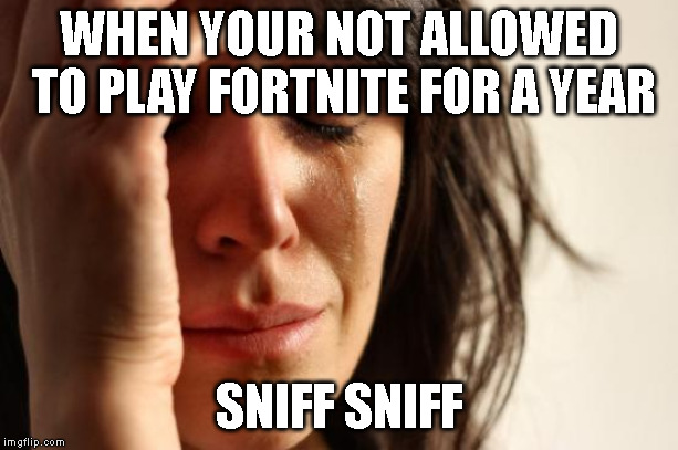First World Problems | WHEN YOUR NOT ALLOWED TO PLAY FORTNITE FOR A YEAR; SNIFF SNIFF | image tagged in memes,first world problems | made w/ Imgflip meme maker