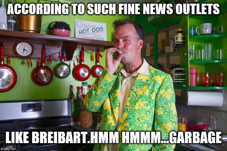 ACCORDING TO SUCH FINE NEWS OUTLETS LIKE BREIBART.HMM HMMM...GARBAGE | made w/ Imgflip meme maker