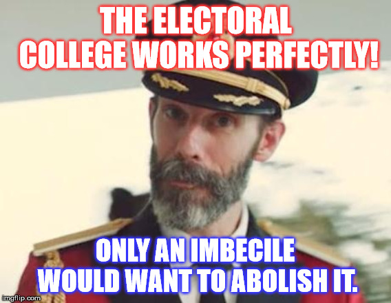 FF George Mason of Virginia: "popular elections were the equivalent of asking a blind man to choose between colors." | THE ELECTORAL COLLEGE WORKS PERFECTLY! ONLY AN IMBECILE WOULD WANT TO ABOLISH IT. | image tagged in captain obvious,electoral college | made w/ Imgflip meme maker