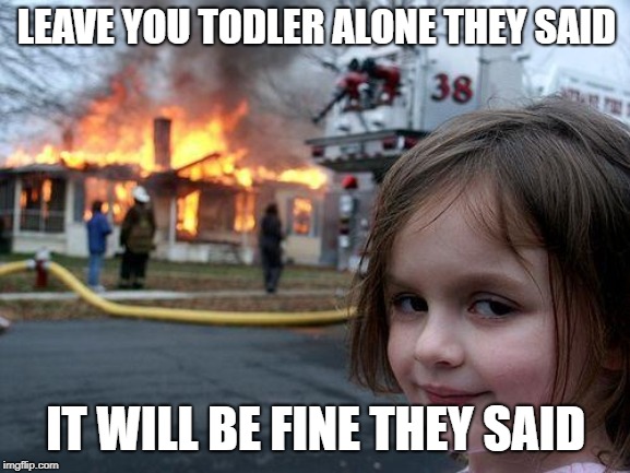 Disaster Girl Meme | LEAVE YOU TODLER ALONE THEY SAID; IT WILL BE FINE THEY SAID | image tagged in memes,disaster girl | made w/ Imgflip meme maker