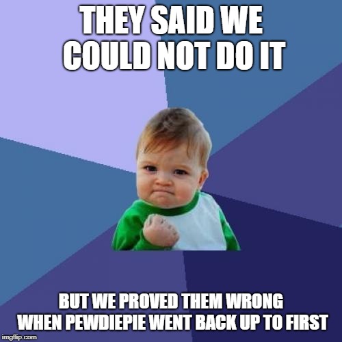 We made it (almost) | THEY SAID WE COULD NOT DO IT; BUT WE PROVED THEM WRONG WHEN PEWDIEPIE WENT BACK UP TO FIRST | image tagged in memes,success kid | made w/ Imgflip meme maker