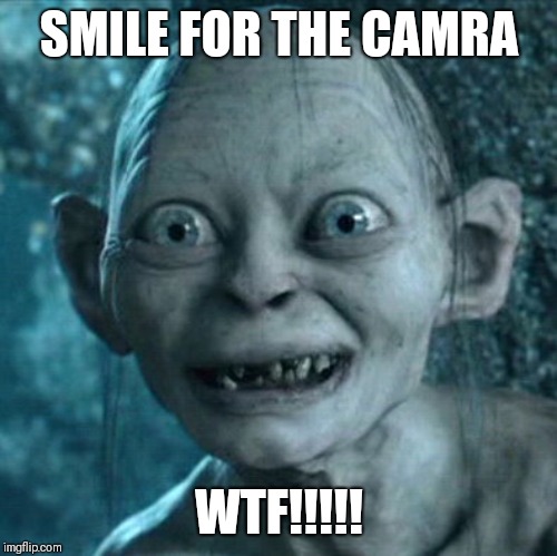 Gollum Meme | SMILE FOR THE CAMRA; WTF!!!!! | image tagged in memes,gollum | made w/ Imgflip meme maker