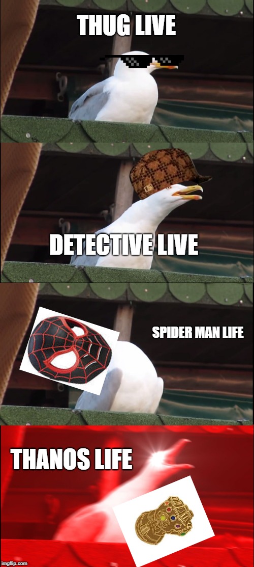 Inhaling Seagull | THUG LIVE; DETECTIVE LIVE; SPIDER MAN LIFE; THANOS LIFE | image tagged in memes,inhaling seagull | made w/ Imgflip meme maker