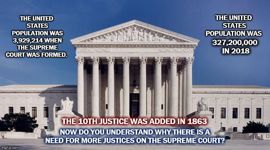 327,200,000 IN 2018; THE 10TH JUSTICE WAS ADDED IN 1863; NOW DO YOU UNDERSTAND WHY THERE IS A NEED FOR MORE JUSTICES ON THE SUPREME COURT? | image tagged in supreme court,supremecourt,usa,justice | made w/ Imgflip meme maker