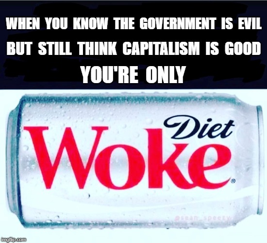 Diet Woke | WHEN  YOU  KNOW  THE  GOVERNMENT  IS  EVIL; BUT  STILL  THINK  CAPITALISM  IS  GOOD; YOU'RE  ONLY | image tagged in because capitalism | made w/ Imgflip meme maker