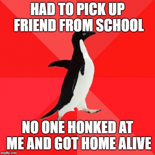 Socially Awesome Penguin |  HAD TO PICK UP FRIEND FROM SCHOOL; NO ONE HONKED AT ME AND GOT HOME ALIVE | image tagged in memes,socially awesome penguin,AdviceAnimals | made w/ Imgflip meme maker
