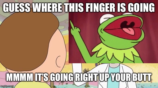 GUESS WHERE THIS FINGER IS GOING; MMMM IT’S GOING RIGHT UP YOUR BUTT | image tagged in kermit the frog,rick and morty,butt,booty,finger,memes | made w/ Imgflip meme maker