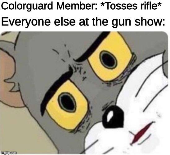 Colorguard memes | Colorguard Member: *Tosses rifle*; Everyone else at the gun show: | image tagged in tom and jerry meme,colorguard,band | made w/ Imgflip meme maker