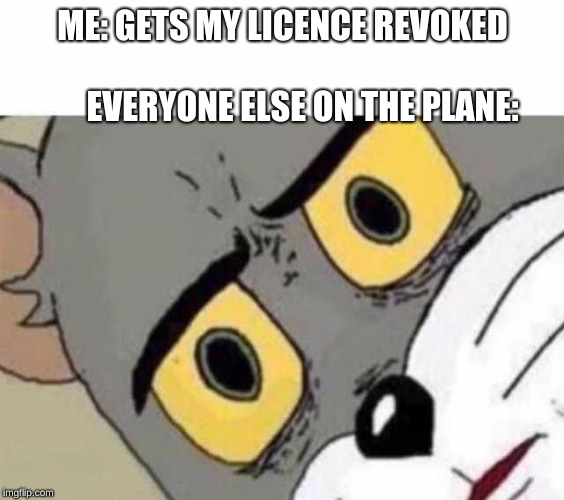Tom Cat Unsettled Close up | ME: GETS MY LICENCE REVOKED                               EVERYONE ELSE ON THE PLANE: | image tagged in tom cat unsettled close up | made w/ Imgflip meme maker