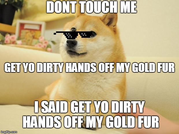 Doge 2 | DONT TOUCH ME; GET YO DIRTY HANDS OFF MY GOLD FUR; I SAID GET YO DIRTY HANDS OFF MY GOLD FUR | image tagged in memes,doge 2 | made w/ Imgflip meme maker